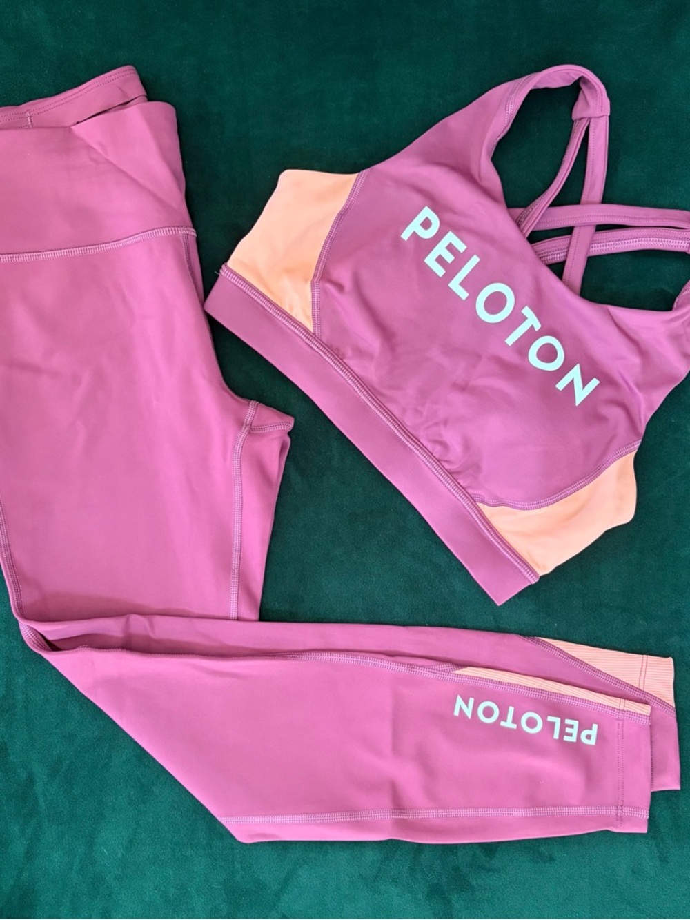 Peloton Pink and Peach Strappy Sports Bra with Matching Leggings